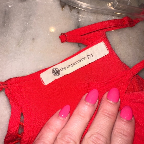 EUC The Impeccable Pig Size Small Red Sleeveless Dress with Lace Overlay - Picture 6 of 7